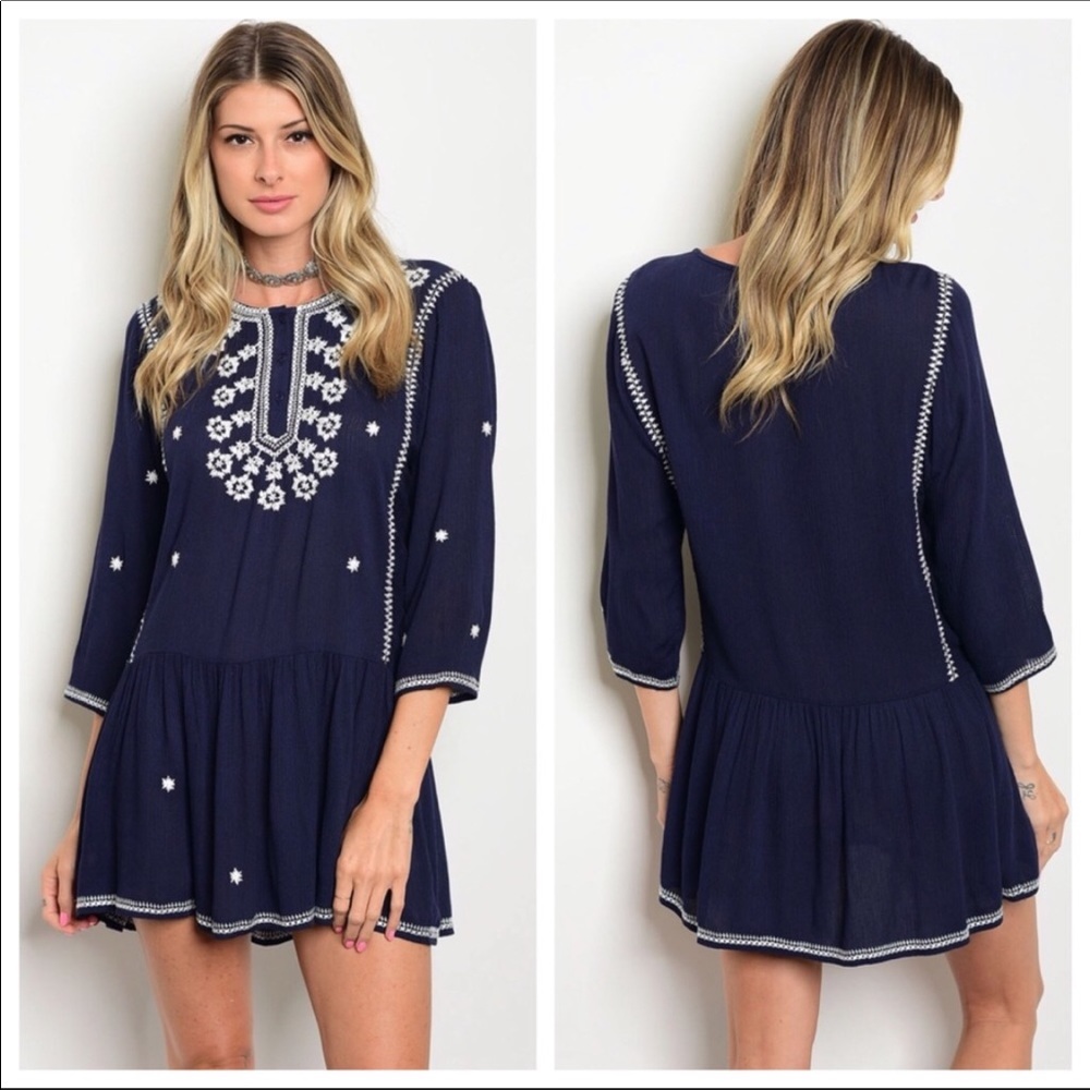 Boho Navy Embroidered 3/4 Sleeve Tunic Mini Dress